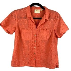 ANTHROPOLOGIE Maeve Embroidered Eyelet Short Sleeve Button Down Shirt Size 0